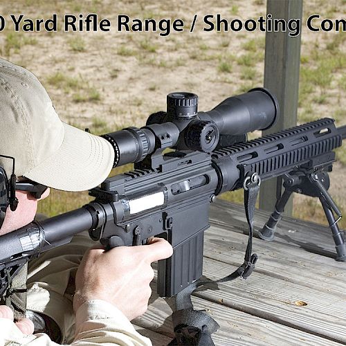 A person is aiming a rifle equipped with a scope and bipod at a shooting range. The text at the top reads "1,000 Yard Rifle Range / Shooting Complex."