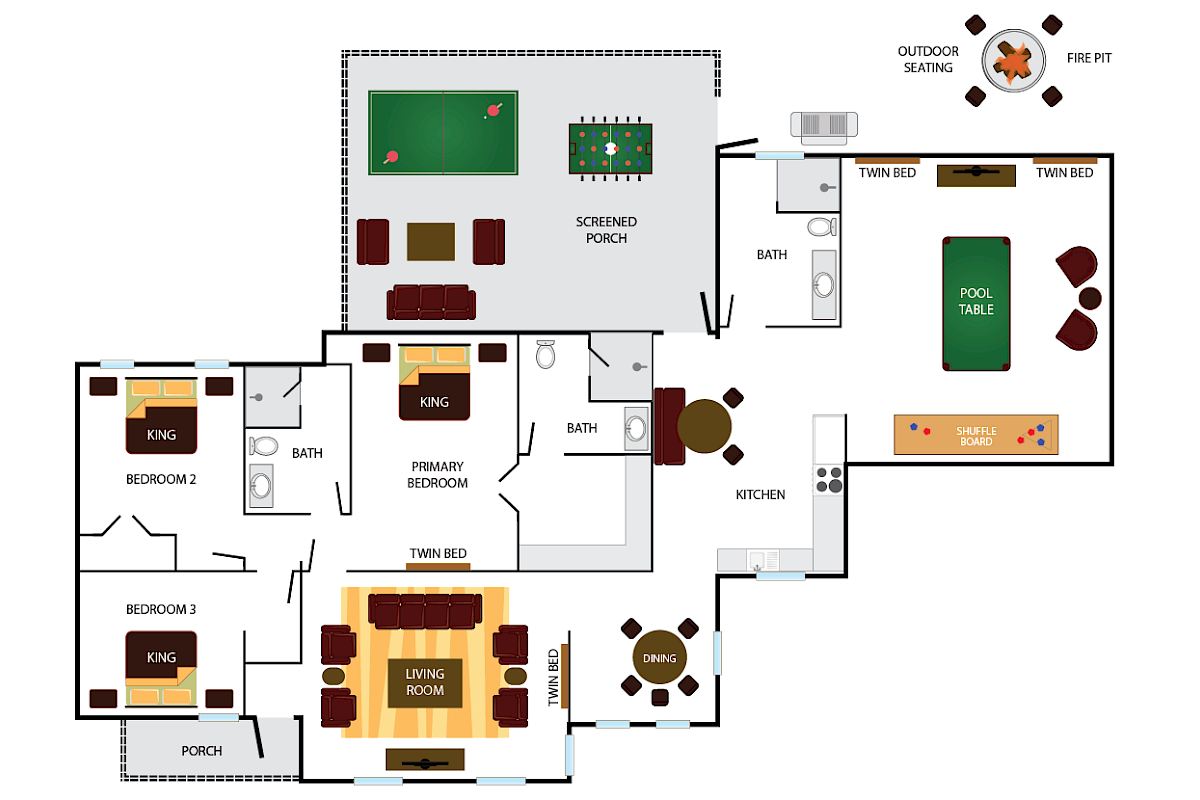 This image is a floor plan showing a living room, kitchen, bedrooms, screened porch, game room, and an outdoor seating area.