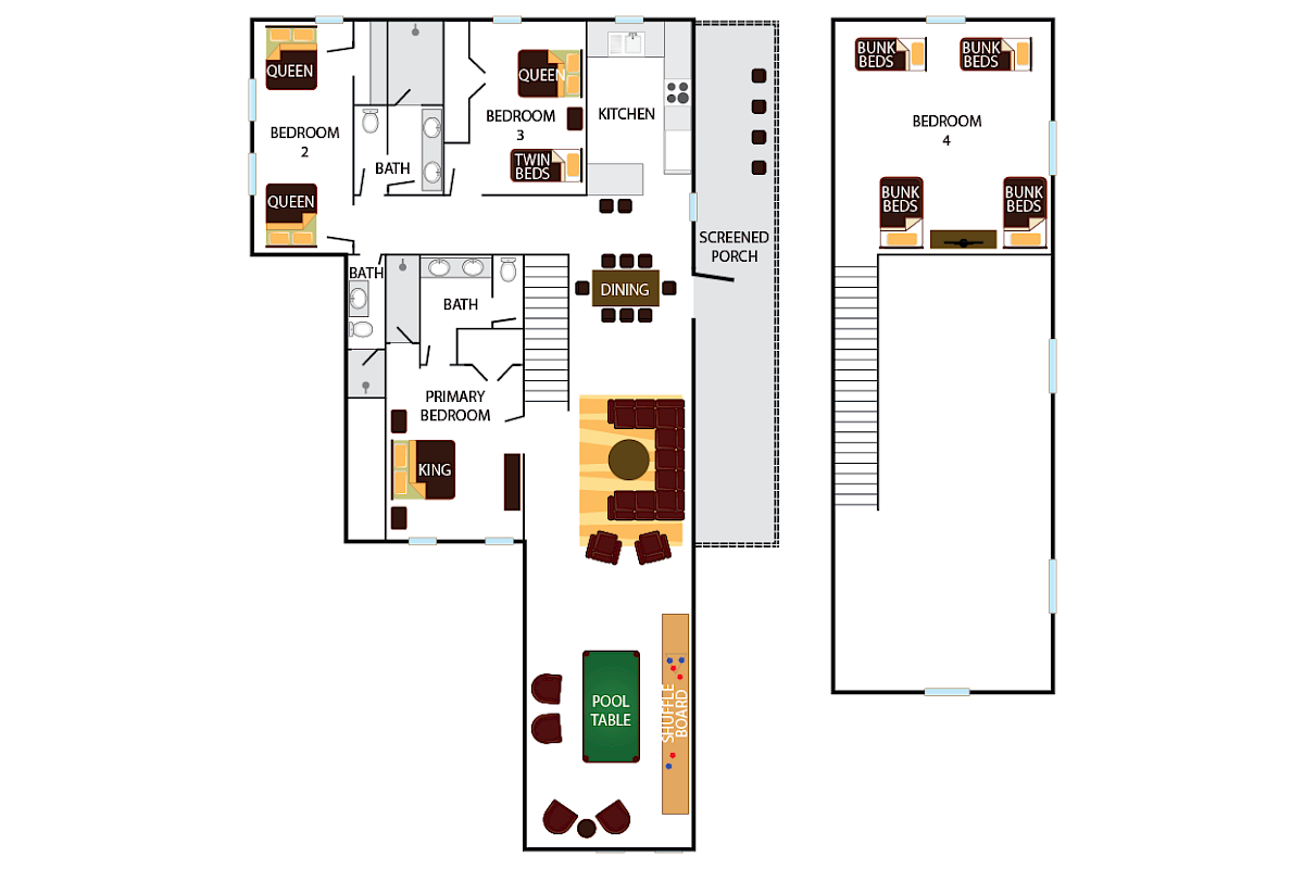 This image shows a floor plan with bedrooms, bathrooms, a kitchen, living areas, and recreation rooms, including a pool table.