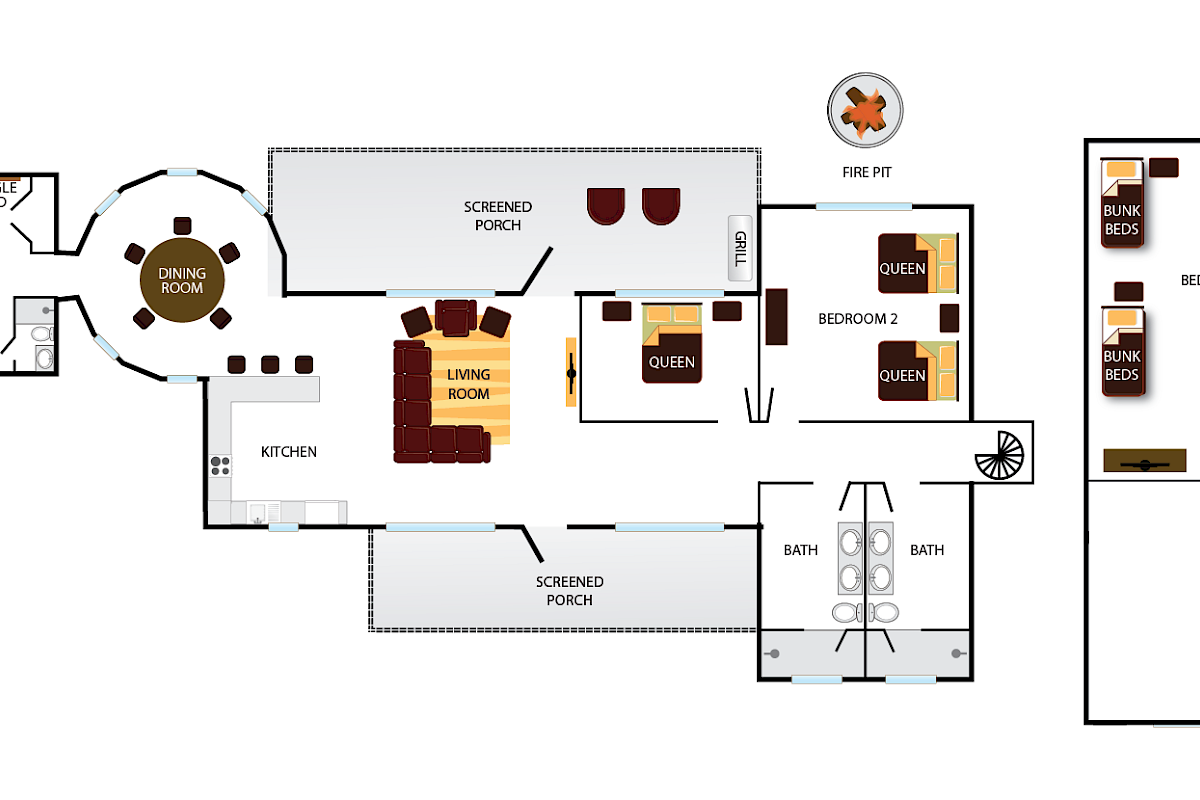 Floor plan with 3 bedrooms, living room, kitchen, dining room, porches, a game room, baths, and a fire pit.