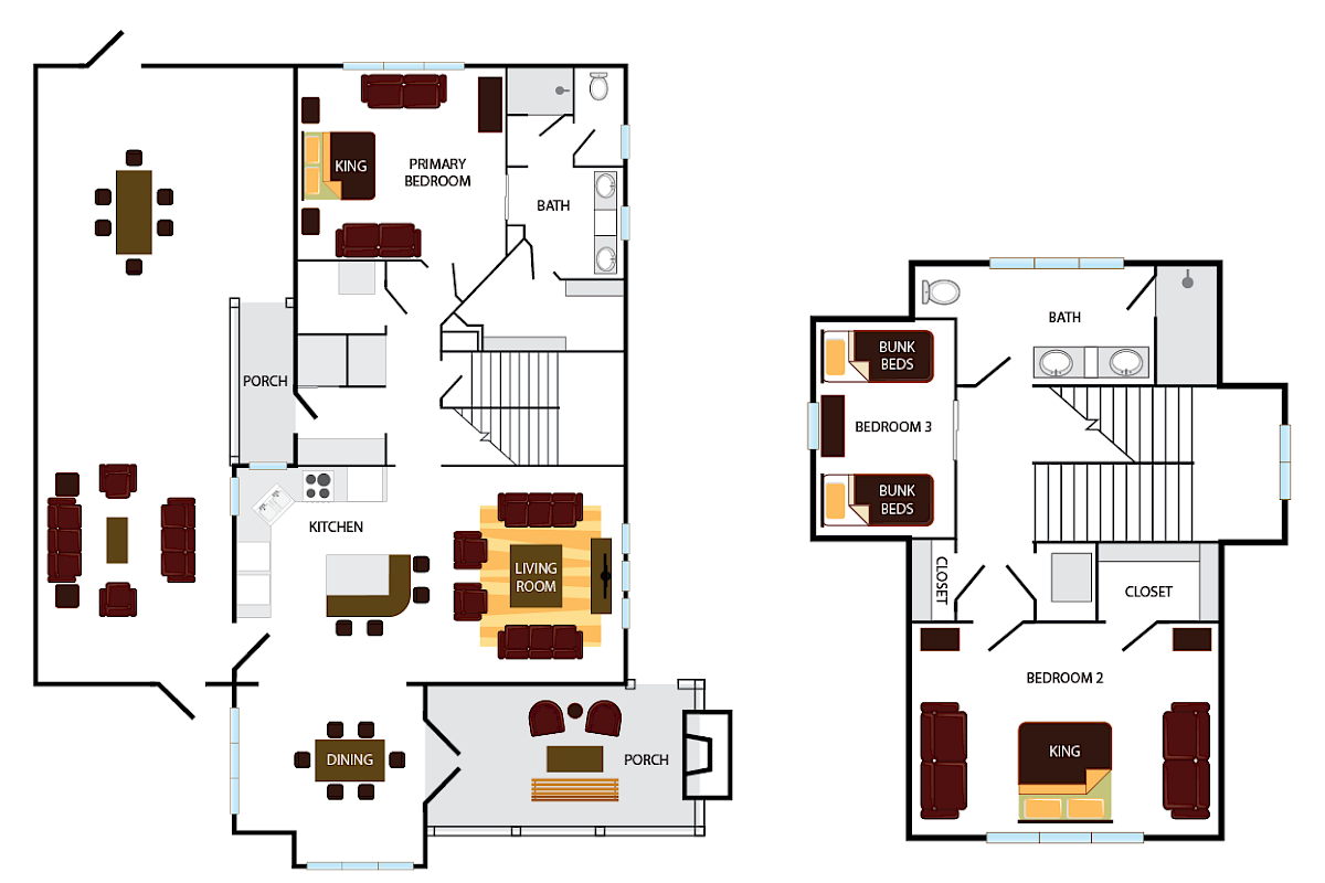 This is a two-story house floor plan with living, dining, kitchen, bedrooms, and baths.