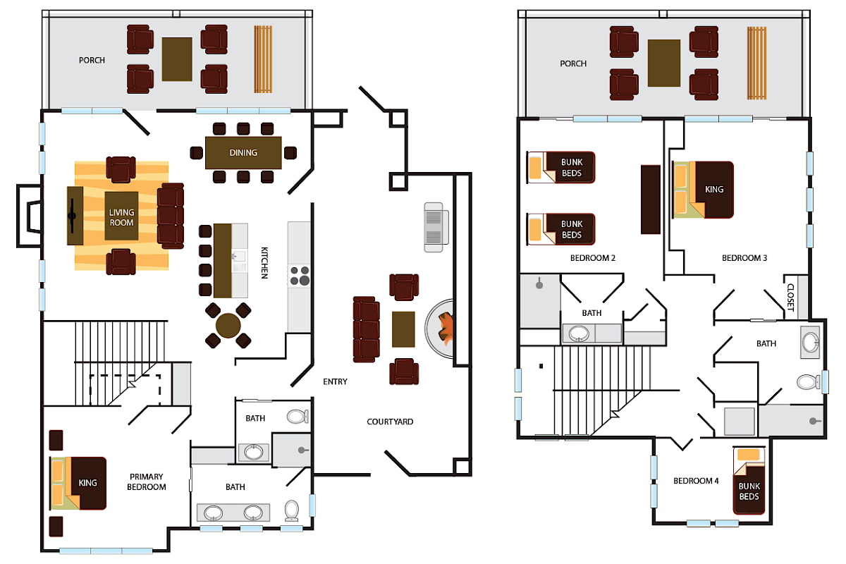This image shows a floor plan with living areas, dining, kitchen, bedrooms, baths, and porches across two levels.