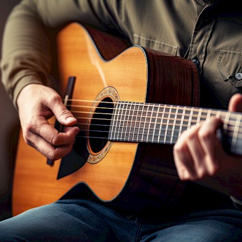 A person playing an acoustic guitar, focusing on their hands and the instrument, with a warm, blurred background.