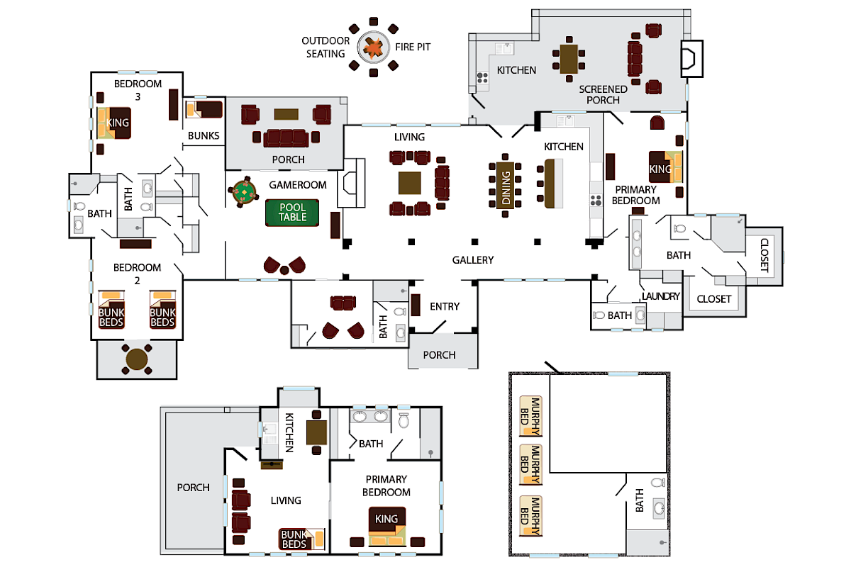 Floor plan with bedrooms, bathrooms, kitchens, living areas, a game room, a pool table, and outdoor seating with a fire pit.