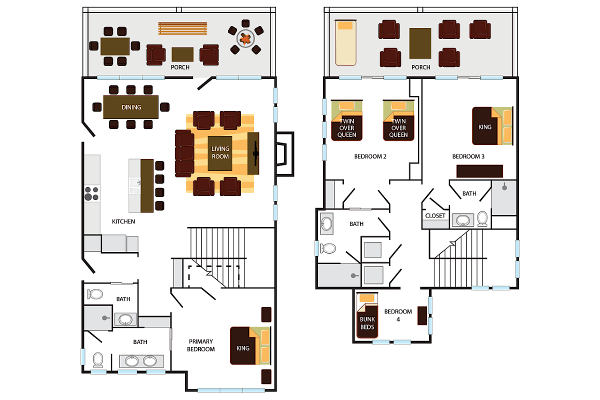 A two-story floor plan with a living room, dining area, kitchen, and primary bedroom downstairs; upstairs has additional bedrooms and porches.