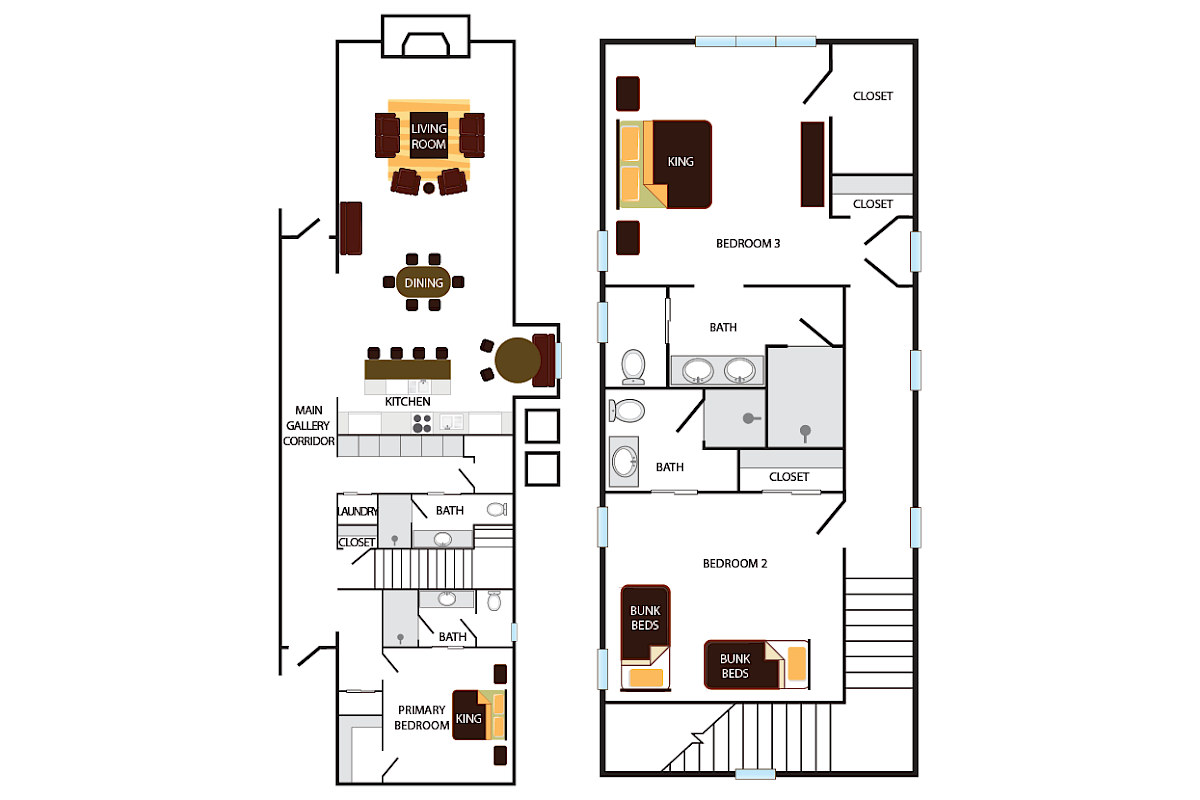 This image shows a floor plan with a living room, dining area, kitchen, primary bedroom, additional bedrooms, and bathrooms.