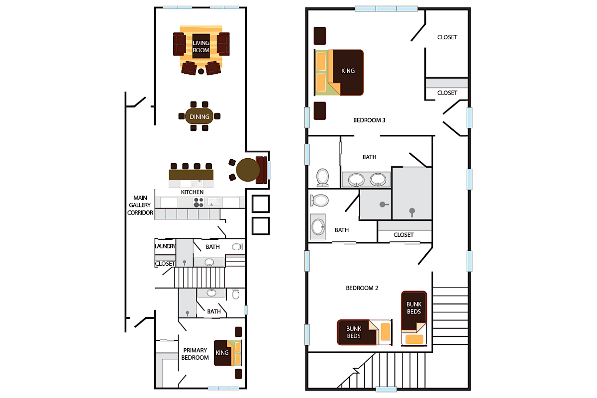 This image is a floor plan showing a house with living room, dining, kitchen, three bedrooms, multiple bathrooms, and closets.