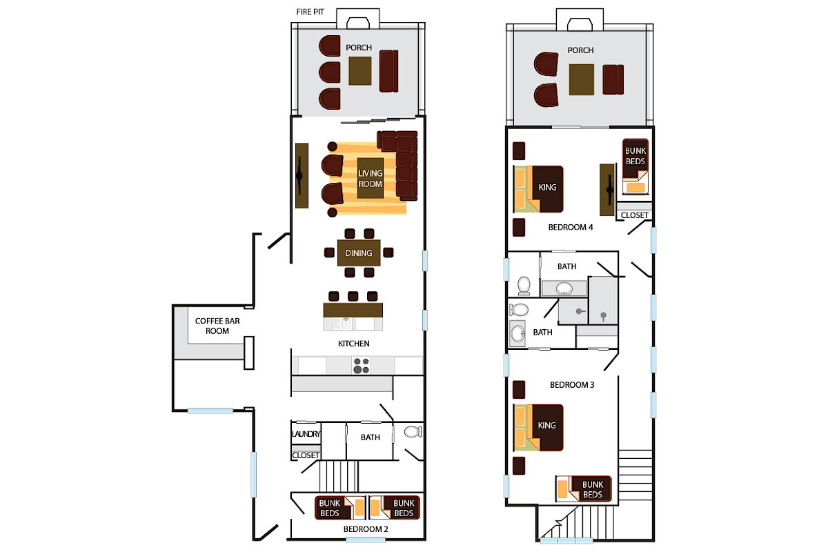 Floor plan with living room, dining, kitchen, coffee bar, 4 bedrooms, bunk beds, baths, porches, and a fire pit.