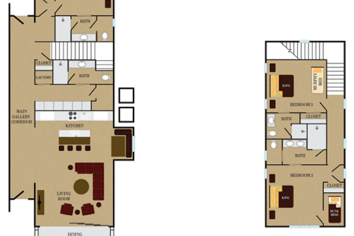 The image shows a two-level floor plan of a residence with labeled rooms, including bedrooms, bathrooms, kitchen, living, dining areas, and closets.