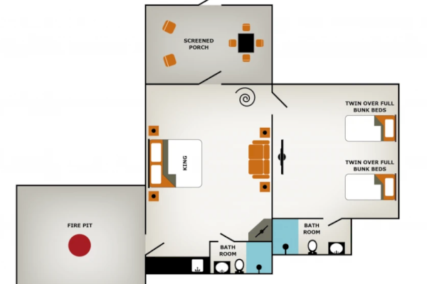 This is a floor plan with a screened porch, bedrooms with bunk beds, bathrooms, and an outdoor fire pit area.