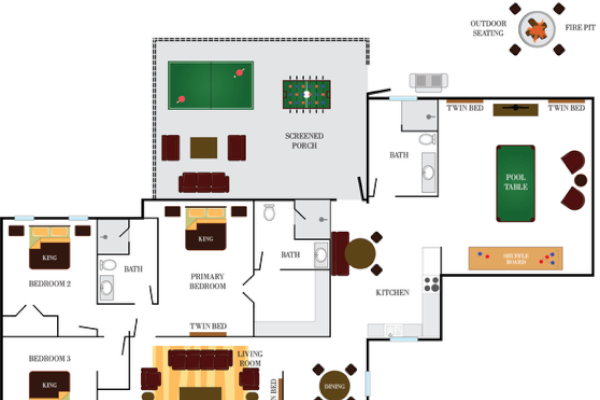 Floor plan of a house showing bedrooms, kitchen, living room, game rooms, porches, and outdoor seating with a fire pit.