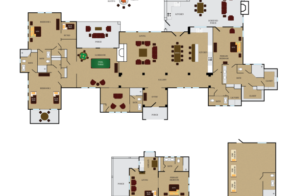 This image displays a detailed floor plan with multiple rooms and labeled areas, showing a comprehensive layout of a building.
