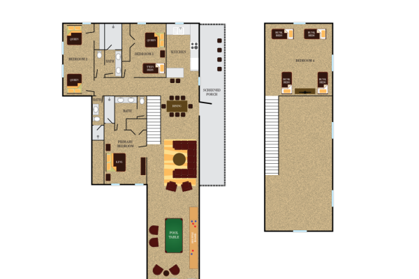 A detailed floor plan of a residence with labeled rooms including bedrooms, bathrooms, kitchen, dining, living area, and stairs.