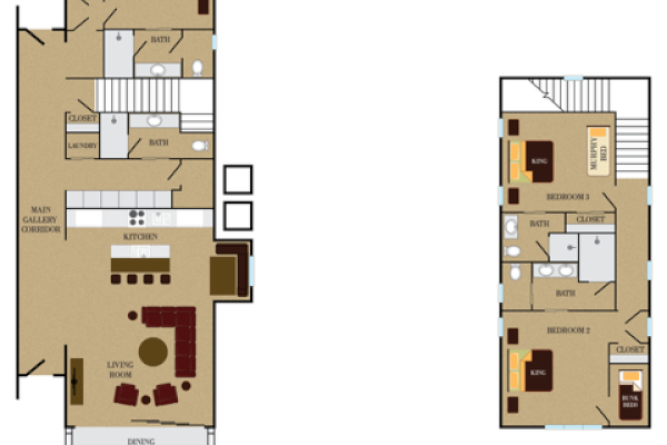 This image is a floor plan of a two-story residence featuring multiple rooms, including bedrooms, bathrooms, a kitchen, and a living area.