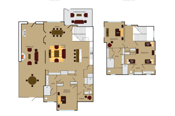 The image shows a two-story house floor plan with labeled rooms, furniture, and layout details for each floor.