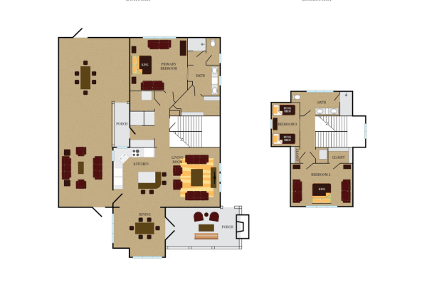 This image shows a two-floor residential floor plan layout, including living areas, kitchen, bedrooms, and bathrooms.