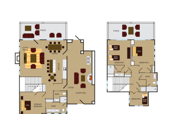 Floor plan with two levels; first floor includes living, dining, kitchen, and courtyard, second floor has bedrooms and baths.