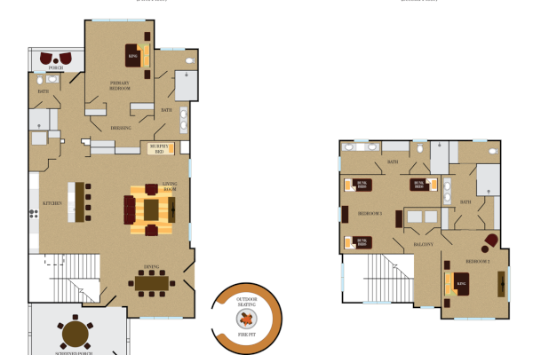 This image shows architectural floor plans for a two-story residence, including labeled rooms and a central fire pit area.