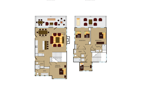 This image shows a two-story floor plan layout with labeled rooms including kitchen, living area, and bedrooms.