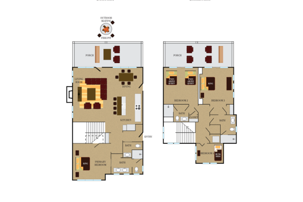 The image shows a two-floor house layout with labeled rooms such as living, dining, bedrooms, bathrooms, kitchen, and porches.