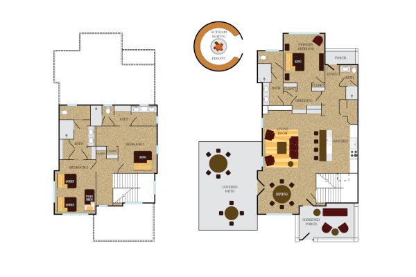 The image shows a two-level house floor plan with labeled rooms and outdoor spaces.