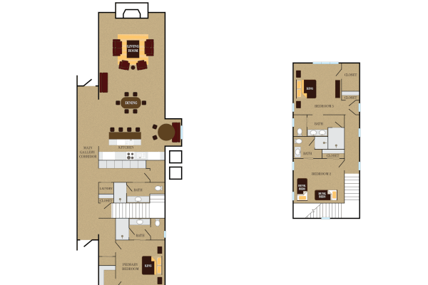 This image shows a two-floor house layout, including a living room, dining area, kitchen, and multiple bedrooms on the upper level.