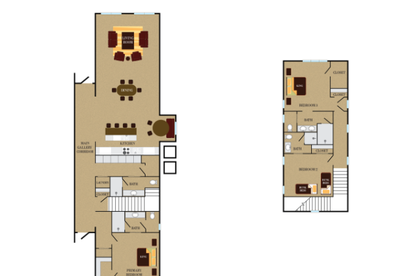 This image shows a two-story floor plan with living areas, kitchen, dining, and multiple bedrooms and bathrooms, labeled as "Residence - B120."