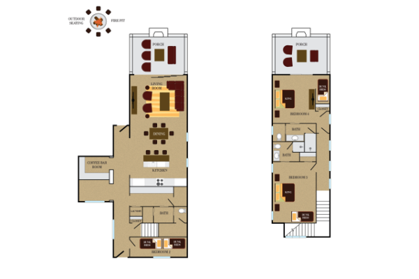 This image shows a two-floor residential floor plan with labeled rooms, including living areas, bedrooms, kitchen, and bathrooms.