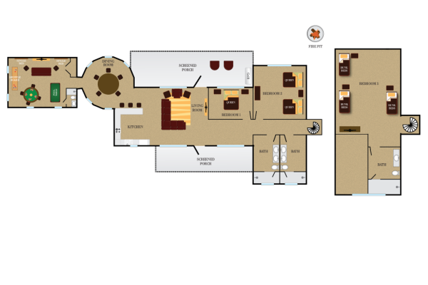 This is a floor plan featuring multiple rooms including bedrooms, a kitchen, a living area, and a bathroom layout.