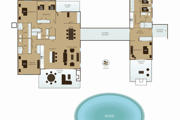 This image shows a floor plan with two main sections, connected by a corridor and a pond outside.
