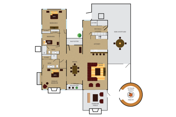 This image is a floor plan showing bedrooms, kitchen, living room, and outdoor areas, labeled with design details and furniture layout.