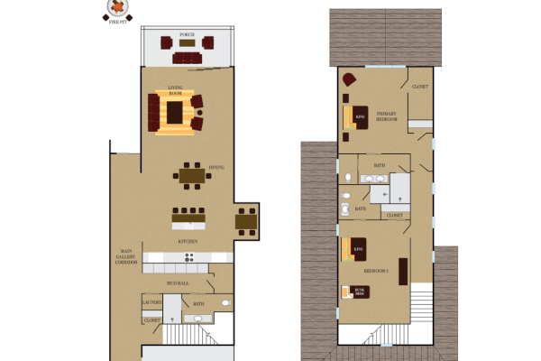 This image shows the floor plans for a residence, featuring labeled rooms and furniture arrangements on the ground and second floors.