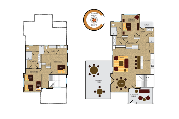 This image shows a floor plan with labeled rooms, seating areas, a fire pit, and an exterior, illustrating a structured living space.