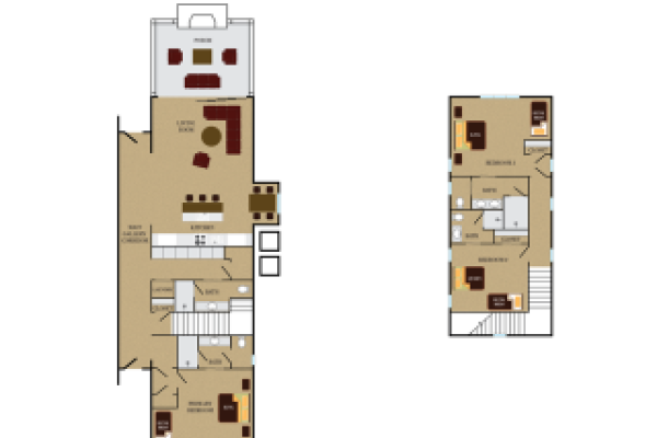 This image shows a two-story residential floor plan with labeled rooms, including a living room, kitchen, bedrooms, and bathrooms.