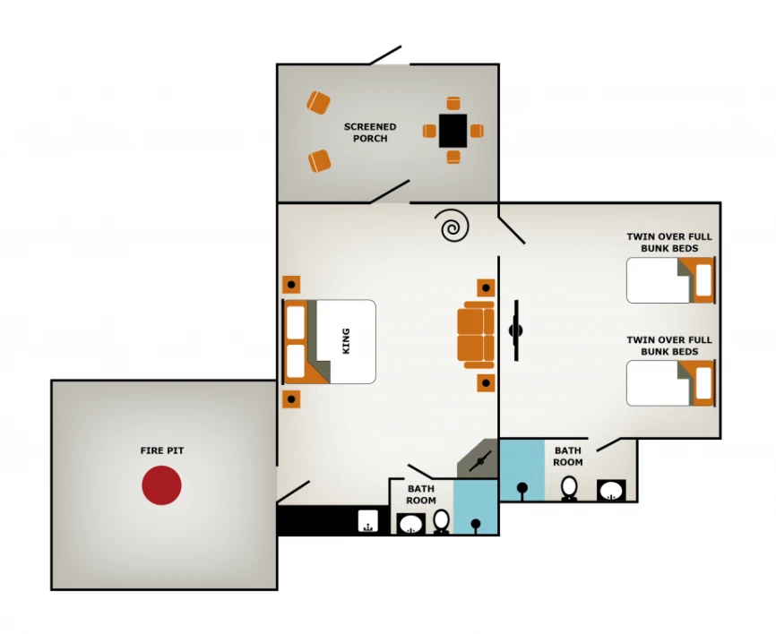 The image is a floor plan showing a fire pit, screened porch, living room, kitchen, two bathrooms, and two bedrooms with twin over full bunk beds.